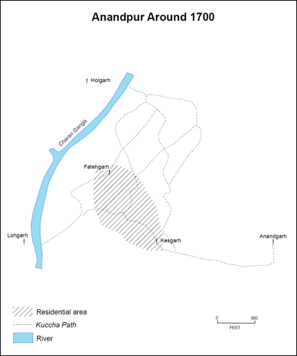 With five forts, Anandpur, the town of Gurū Gobind Singh (1700) represented a visual manigestation of the definace to the Mughal ban on building forts.